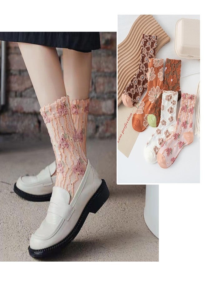 UINSUE Mid Tube Crew Socks with Lace Ruffled Cuffs Delicate Embroidered Floral and Ruffle Designs Assorted Colors Pack of 5 Suitable for Women's Size 5-10 - Image 5